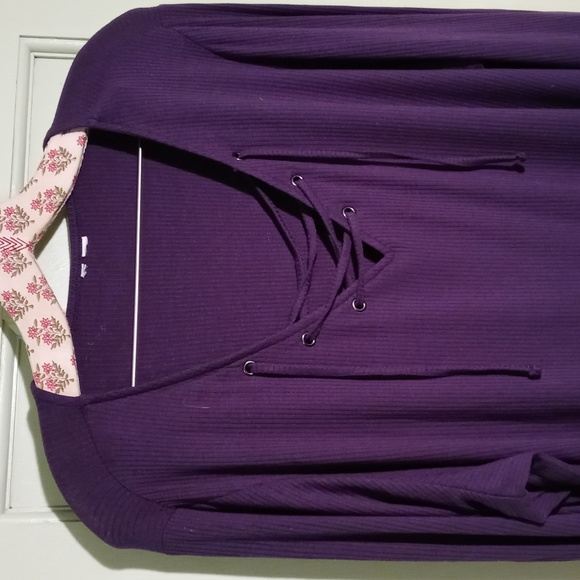 Women's navy blue ribbed viscose lace up neck wide sleeve 1X - Picture 3 of 8